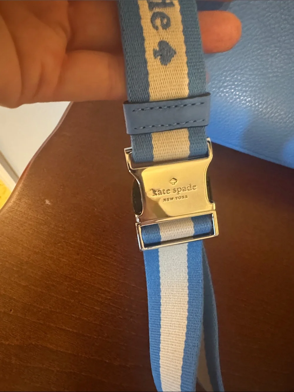 kate spade blue pebble leather crossbody with striped strap belt bag. New